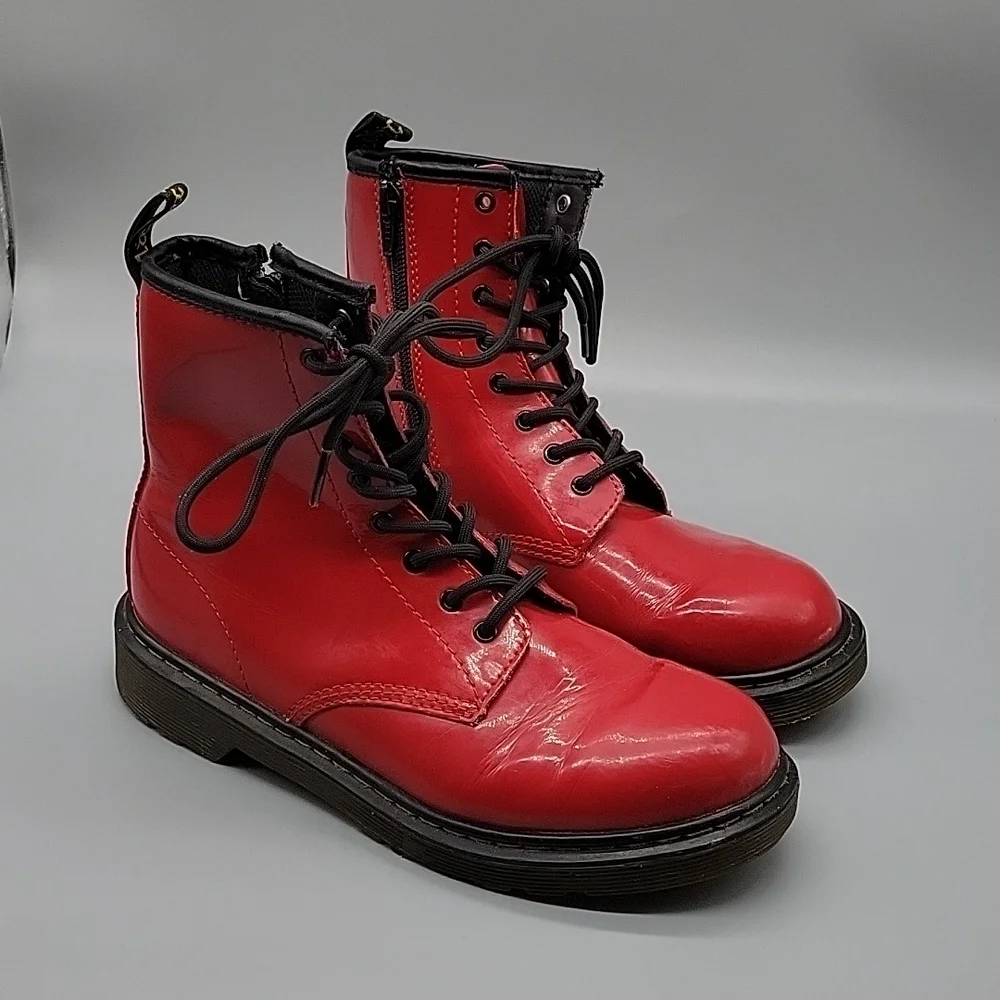 Doc Martens Red Patent Leather Boots Combat Boots - Picture 2 of 11